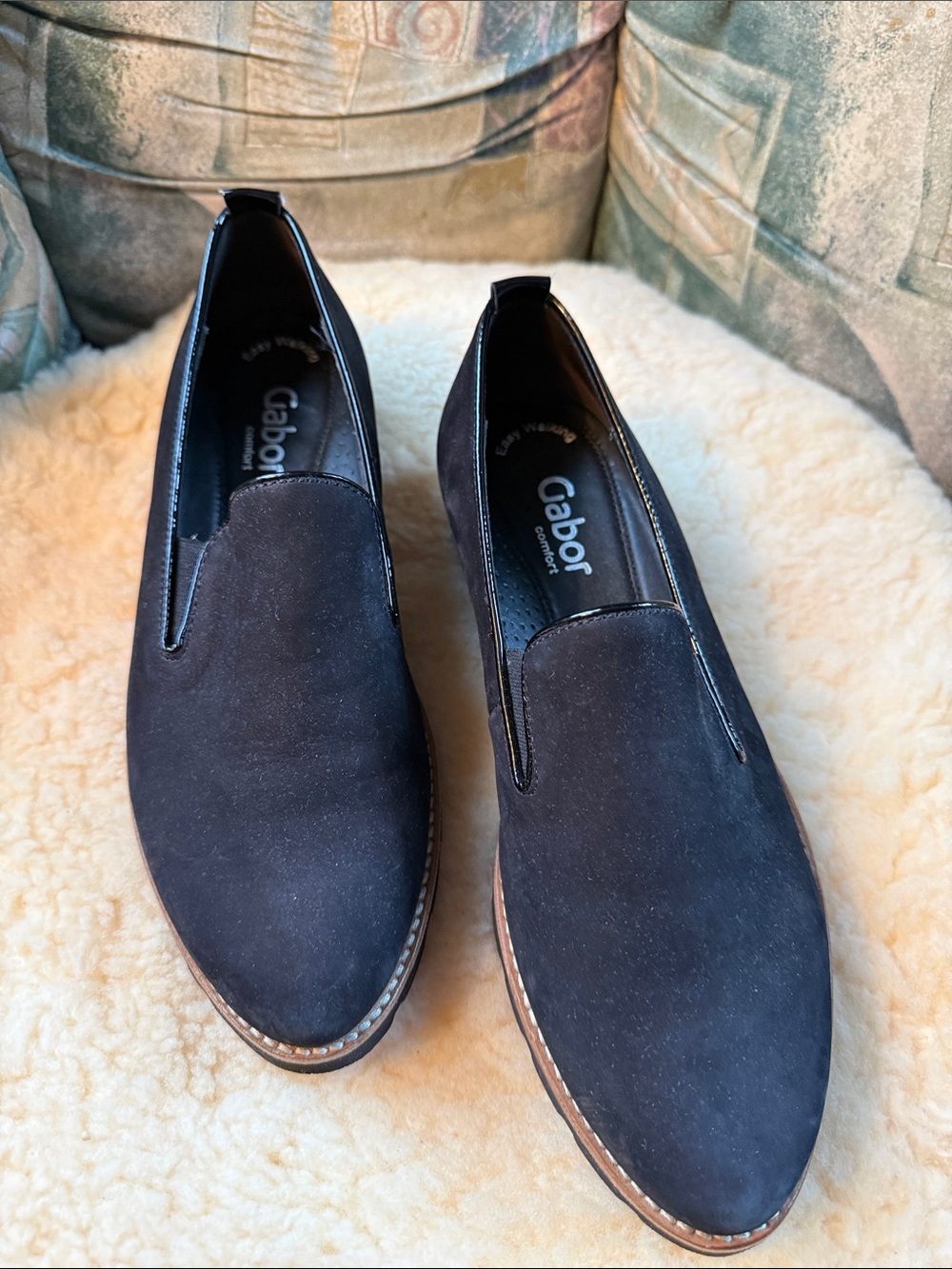 Gabor Women’s Black Suede Slip-On Loafers with Brown Trim in US size 7